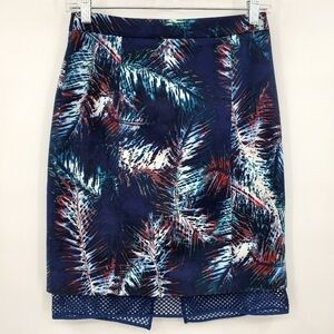 Club Monaco Alessandra Navy Palm Leaf Print Mesh-Trim Pencil Skirt